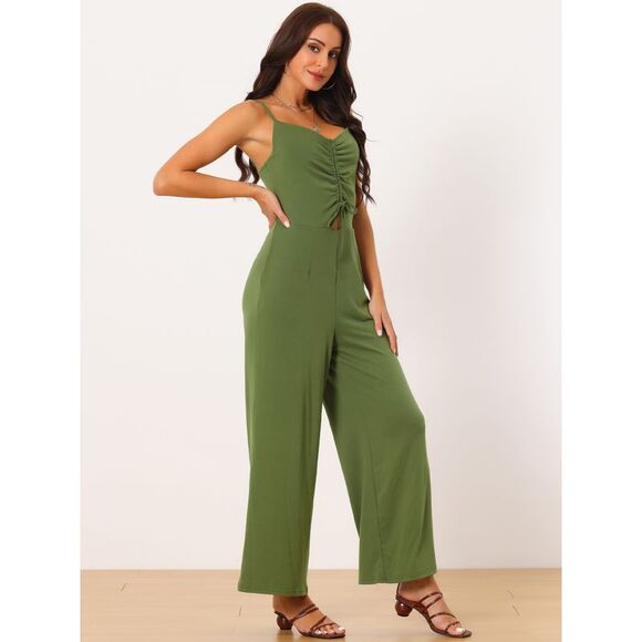 Ruched Drawstring Front Sleeveless Wide Leg Long Jumpsuits Army Green - Picture 2 of 6